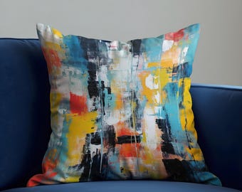 Colorful Abstract Art Cushion Cover, Brushstroke Throw Pillow Case, Modern Statement Decor for Sofa or Living Room, Vivid Home Decoration