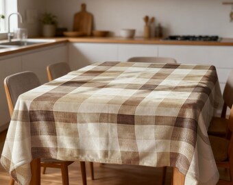Beige Checkered Tablecloth, Farmhouse Dining Table Cover, Neutral Plaid Printed Table Linen for Kitchen Home Decor