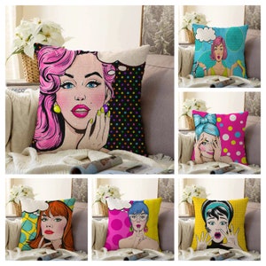 Pop Art Cushion Cover|Colourful Illustration Pillow Case|Funny Living Room Decoration|Woman Face Cushion Cover|Lady Pillow Case