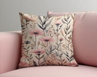 Blush Floral Cushion Cover, Soft Botanical Pillow Case, Neutral Pink Flower Throw Cushion Case