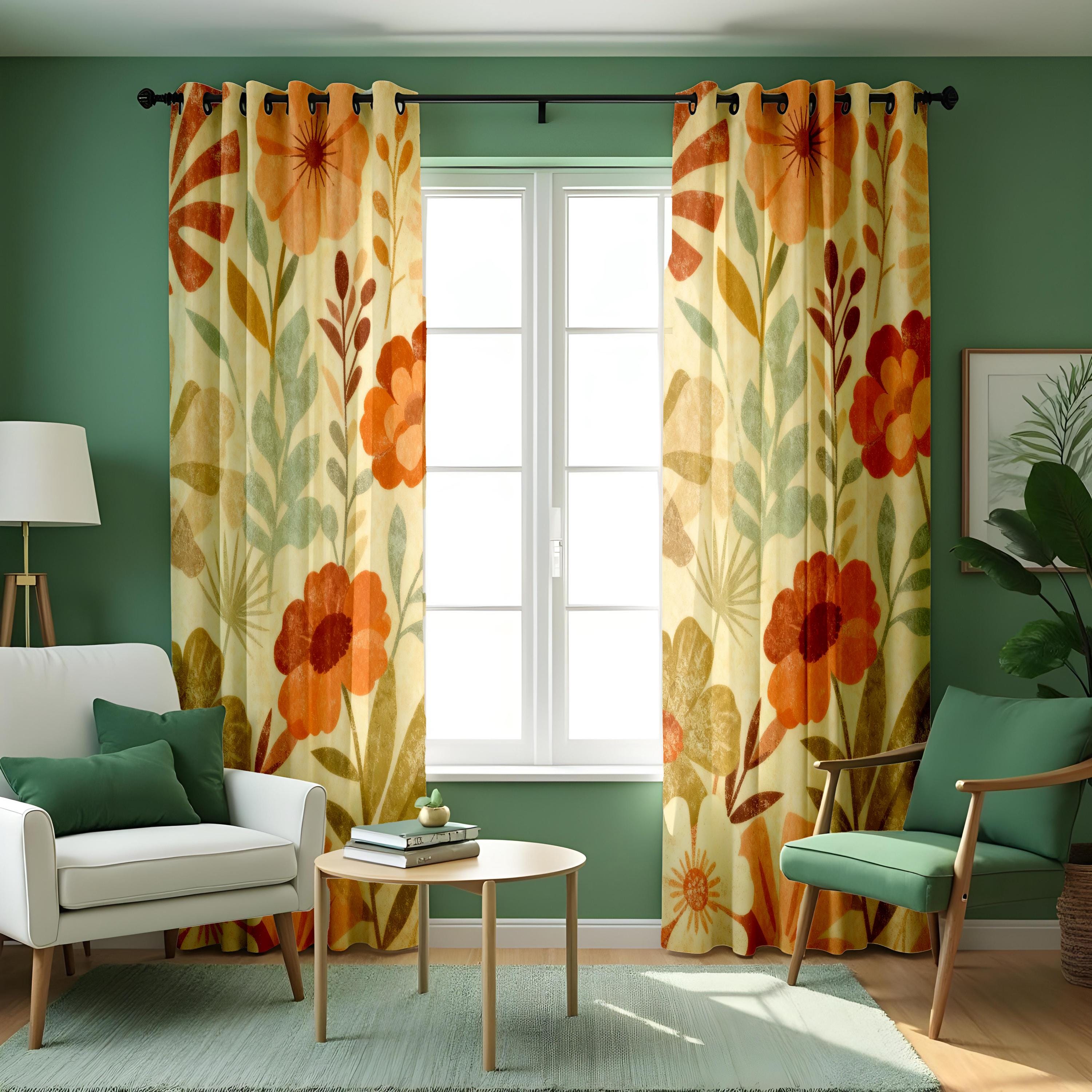 Earthy Window Screen Orange Floral Curtains With Large Classic Flowers, Custom Botanical ...