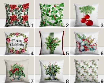 May include: Nine different Christmas pillow designs featuring various holiday themes. The designs include holly, berries, poinsettias, ornaments, and a wreath with the text "Merry Christmas".