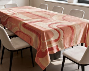 Retro Swirl Tablecloth, Terracotta Abstract Dining Table Cover, Rectangular Kitchen Table Linen