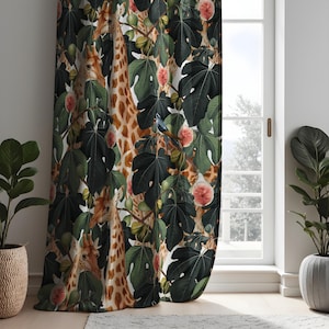 Tropical Jungle Giraffes Curtains, Floral and Foliage Exotic Safari Drapes, Modern Nature Themed Window Treatments
