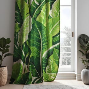 Tropical Green Banana Leaf Curtains, Bold Botanical Jungle Print Drapes, Nature Inspired Window Panels for Living Room or Bedroom