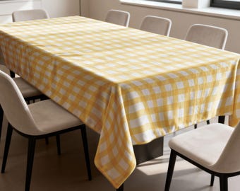 Yellow Gingham Tablecloth, Checkered Dining Table Cover, Farmhouse Style Printed Table Linen for Kitchen Home Decor