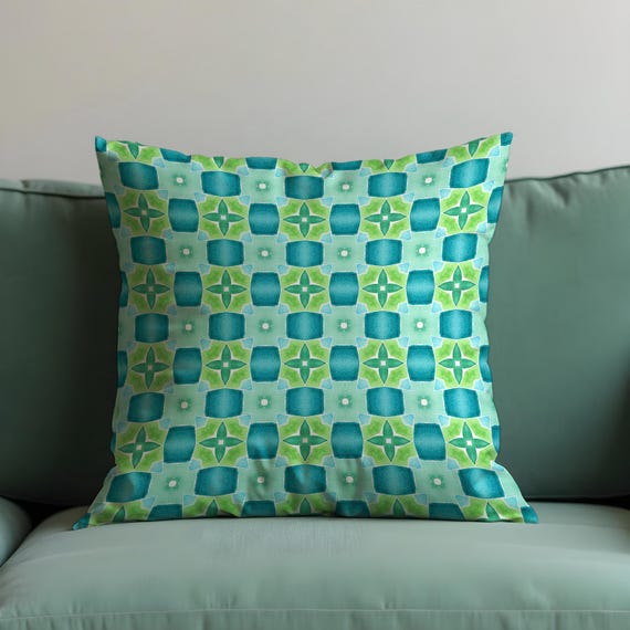 Retro Blue Green Geometric Cushion Cover, Mid Century Modern Tile Pattern  Pillow Cover, Abstract Living Room Bedroom Decoration
