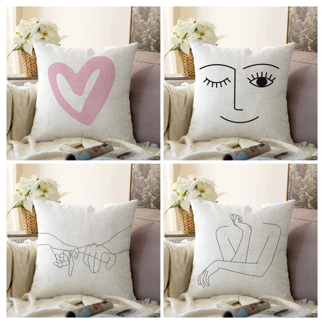 One Line Drawing Pillow Cover, Face Smiling Cushion Case, Decorative