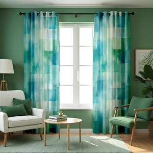 Aqua Blue Watercolor Curtains, Modern Abstract Drapes, Ocean Green Gradient Window Panels, Made to Measure Living Room Curtain Set