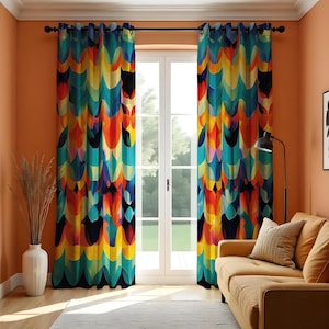Vibrant Geometric Curtains, Bold Multi-Colored Wave Drapes, Colourful Modern Abstract Window Treatment, Custom Length Curtains