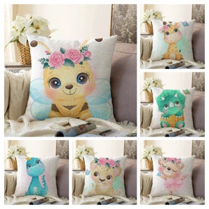 Bonita funda de cojín de abeja, jirafa y dinosaurio, regalo divertido para niños o niñas, decoración de habitación infantil, funda de almohada para amigos, temática animal.