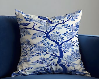 Blue Chinoiserie Cushion Cover, Oriental Floral Pillowcase, Classic Decorative Throw Cushion Case for Sofa