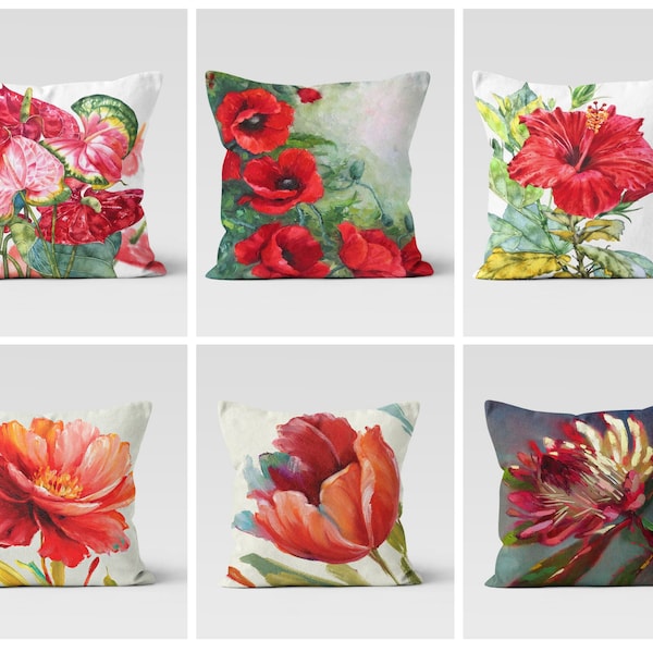 Red poppy decorative flower pillow/Red modern pillow/Throw redcushion/Flower pillow/Boho bedding decor/Housewarming farmhouse style cushions