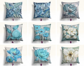 Blue Floral Cushion Cover, Turquoise Flower Pillow Case, Decorative Living Room Cushion Case, Bedroom Pillow Throw, Garden Textiles