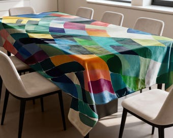 Colorful Abstract Tablecloth, Modern Geometric Dining Table Cover, Bold Multicolor Rectangular Table Top