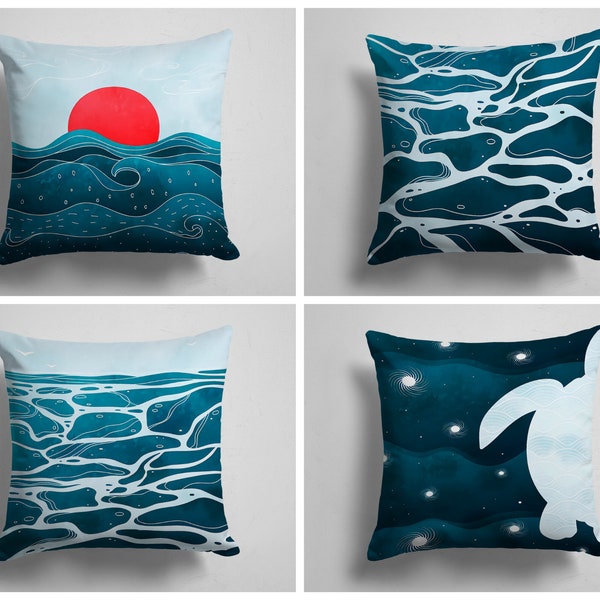 Housse de coussin bain de soleil | Taie d'oreiller vagues de la mer | Housse de coussin décorative moderne | Housse d'oreiller tortue | Cadeau pour elle | Matériel fait à la main