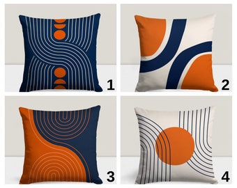 Abstract geometrische kussensloop, marineblauw en oranje woondecoratie, moderne streepkussenhoes, stijlvol gedessineerd accent voor woonkamer