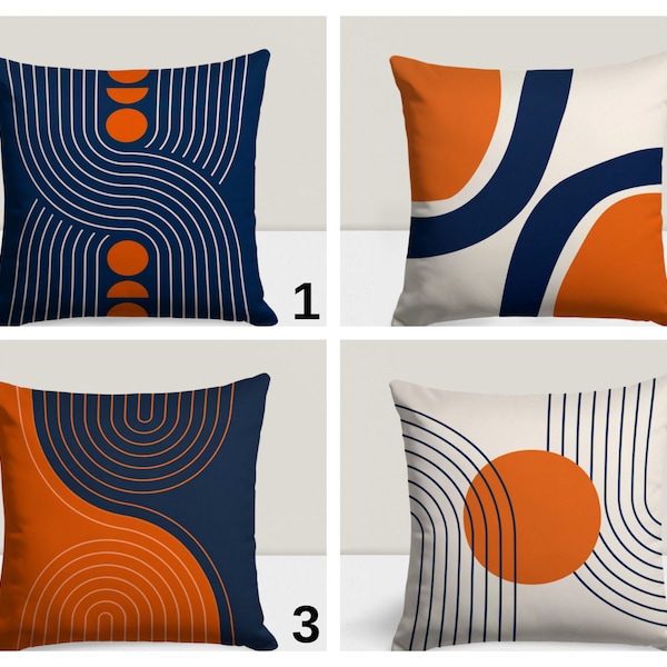 Abstract geometrische kussensloop, marineblauw en oranje woondecoratie, moderne streepkussenhoes, stijlvol gedessineerd accent voor woonkamer