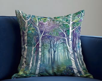 Forest Cushion Cover, Woodland Tree Pillow Case, Nature Landscape Throw Cushion Case, Moody Green Sofa Decor