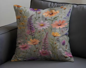 Wildflower Cushion Cover, Meadow Floral Pillow Case, Colourful Botanical Throw Cushion Case