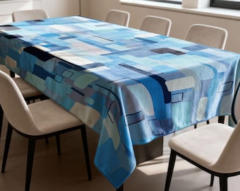 Blå abstrakt bordsduk, modern lapptäcke för matbord, geometrisk rektangulär bordslinne
