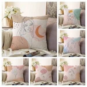 Line Art Themed Cushion Cover|One Line Drawing Pillow Case|Abstract Woman Face Decoration|Boho Art Illustration|Siluet Cushion Cover