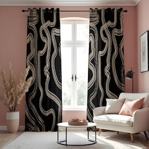 Abstrakte schwarz-beige Linienvorhänge, moderne geometrische Vorhänge, Boho-Dekor für Wohn- oder Schlafzimmer, Fensterbehandlungen im minimalistischen Stil