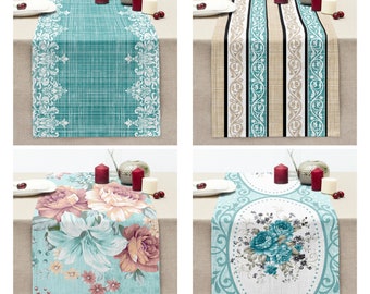 ターコイズストライプフローラルテーブルランナー、ブルーフラワー