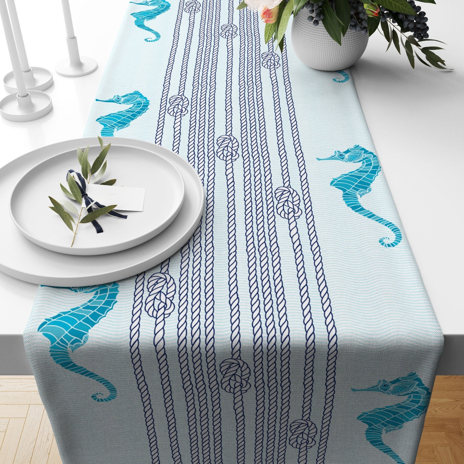 Camino de mesa de tortuga marina/Decoración de mesa de caballito de mar/Mantel de coral/Tablero de mesa náutico/Regalo para su camino de mesa/Material hecho a mano - México