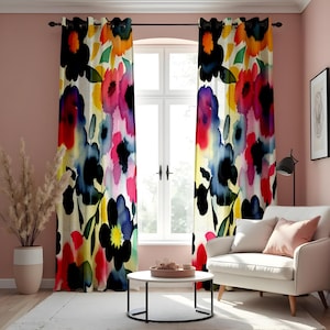Tenda con motivo floreale ad acquerello vibrante, drappeggio floreale astratto, trattamento per finestre luminoso e audace, dimensioni personalizzate disponibili, realizzata su ordinazione
