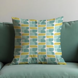Retro Geometric Cushion Cover, Teal and Yellow Abstract Pattern Pillow Case, Mid-Century Modern Throw Pillow Cover, Living Room Decor