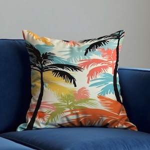 Tropical Palm Tree Cushion Cover, Colorful Sunset Beach Print Pillow Case, Summer Decor, Retro Coastal Throw Pillow Cover for Vacation Vibes
