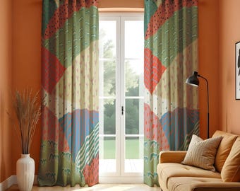 Colorful Patchwork Eyelet Curtains, Boho Chic Window Drapes, Abstract Geometric Room Decor, Living Room or Bedroom Custom Length Curtains