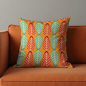 Mid Century Modern Cushion Cover, Colorful Leaf Pattern in Orange, Red & Aqua Pillow Case, Retro Throw Pillow Cover, Vibrant Home Decor