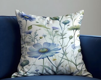 Blue Floral Cushion Cover, Watercolor Botanical Pillow Case, Soft Blue Flower Throw Cushion Case