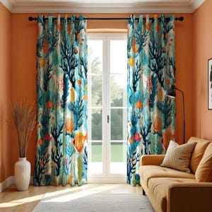 Ocean Reef Curtains, Colorful Coral & Fish Pattern Window Drapes, Custom Sizes Curtain Panels, Nautical Living Room Decor
