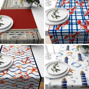 Nautical Table Runner/Starfish Print Table Decor/Beach House Table Runner/Dining Room Decor/Lobster Runner Decor/Blue Red Table Runner