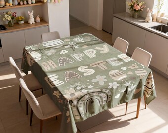 Fröhliche Ostern Tischdecke, Grüne Frühlingstischdecke, Modernes Oster Esszimmer Dekor, Rechteckige Tischwäsche