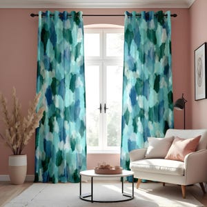 Watercolor Abstract Curtains, Blue & Green Pattern Drapes, Paint Effect Custom Size Curtain Panels, Modern Window Treatment