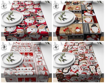 May include: Four different table runners with Christmas themes. The first runner features a red background with a repeating pattern of Santa Claus faces. The second runner has a tan background with a plaid pattern and a repeating pattern of reindeer, gnomes, and snowflakes. The third runner has a gray background with a repeating pattern of gnomes and snowflakes. The fourth runner has a white background with a repeating pattern of penguins, polar bears, and snowflakes.