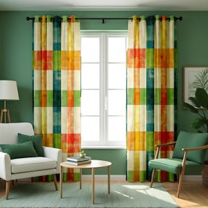 Vibrant Color Block Plaid Curtains, Made to Measure Window Panels, Multicolor Modern Checkered Drapes for Living Room or Dining Area