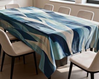 Blue Abstract Tablecloth, Modern Wave Dining Table Cover, Contemporary Rectangular Table Linen for Minimalist Home Decor