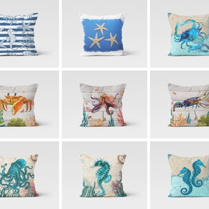 Sea animal pillow case|Seahorse cushion cover|Sea Star Pillow Case/Beach House Pillow Case|Nautical Blue Cushion|Octopus Crab Home Decor