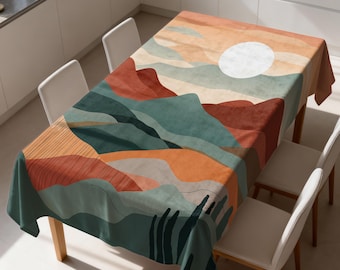 Mountain Sunset Tablecloth, Modern Landscape Print Table Cover, Soft Velvet Washable Dining Decor