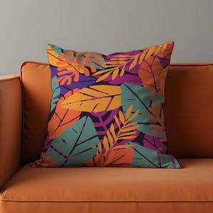 Tropical Leaf Cushion Cover, Bold Purple, Orange & Green Botanical Print Pillow Case, Modern Geometric Living Room Decor, Retro Boho Throw