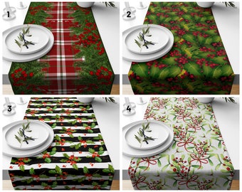 Mantel de hojas verdes y frutos rojos/Mantel de Año Nuevo/Decoración de bayas florales a rayas sobre fondo negro/Camino de mesa para regalo de Navidad