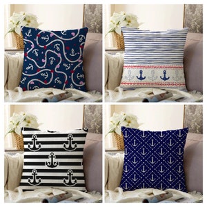 Nautical Cushion Cover, Navy Blue Sea Themed Living Room Decoration, Anchor Pattern Pillow Case. Coastal Beach Garden Cushion Cover