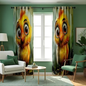 Cortinas con pollitos de dibujos animados, adorables cortinas amarillas con pajaritos, paneles de ventana con estampado animal, divertida decoración para habitación infantil.