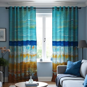 Ocean Sunset Beach Curtains, Coastal Landscape Window Panels, Custom Heading & Size Drapes with Abstract Sea Print for Nautical Decor