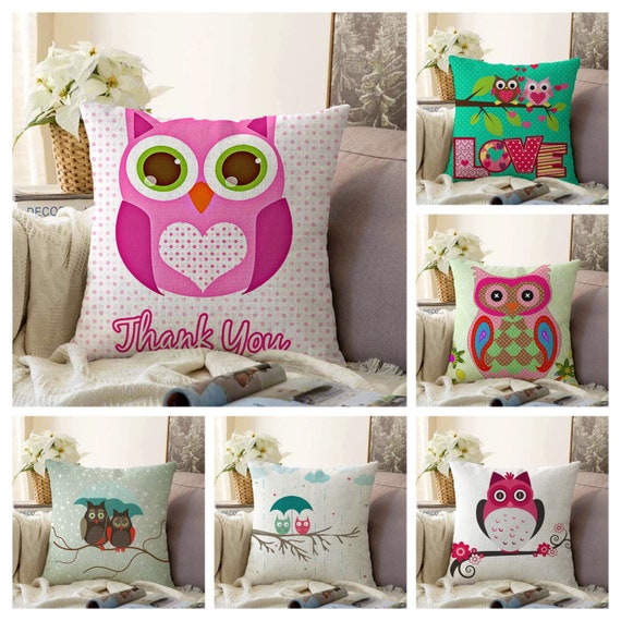 Owl Cushion Covercute Owl Pillow Casecolourful Animal Design Pillow Casefarmhouse Style Pillow Coverbedding Textileboho Home Decor Etsy